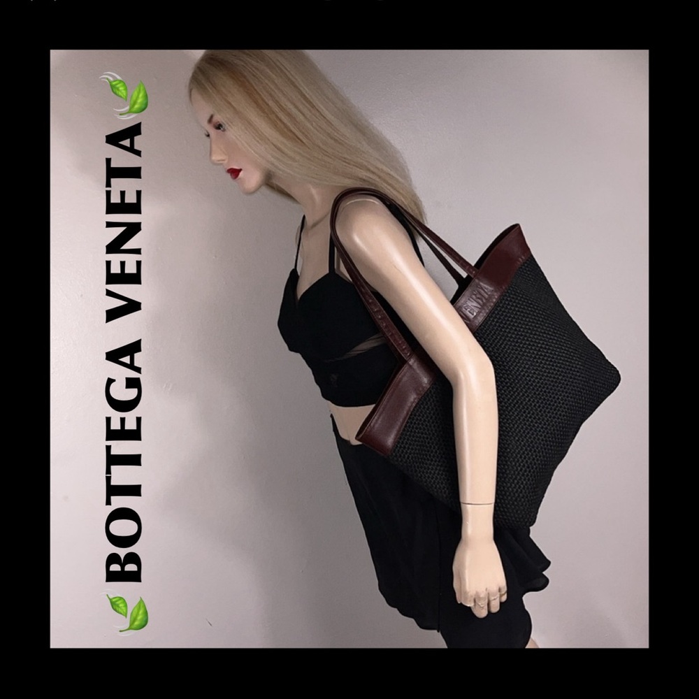 Bottega Veneta Black Woven Tote with Brown Leather Trim